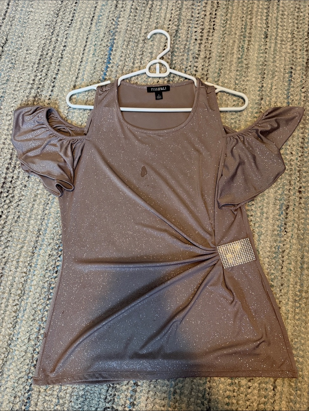 Roz & Ali Taupe Glitter Cold-Shoulder Top with Rhinestone Accent